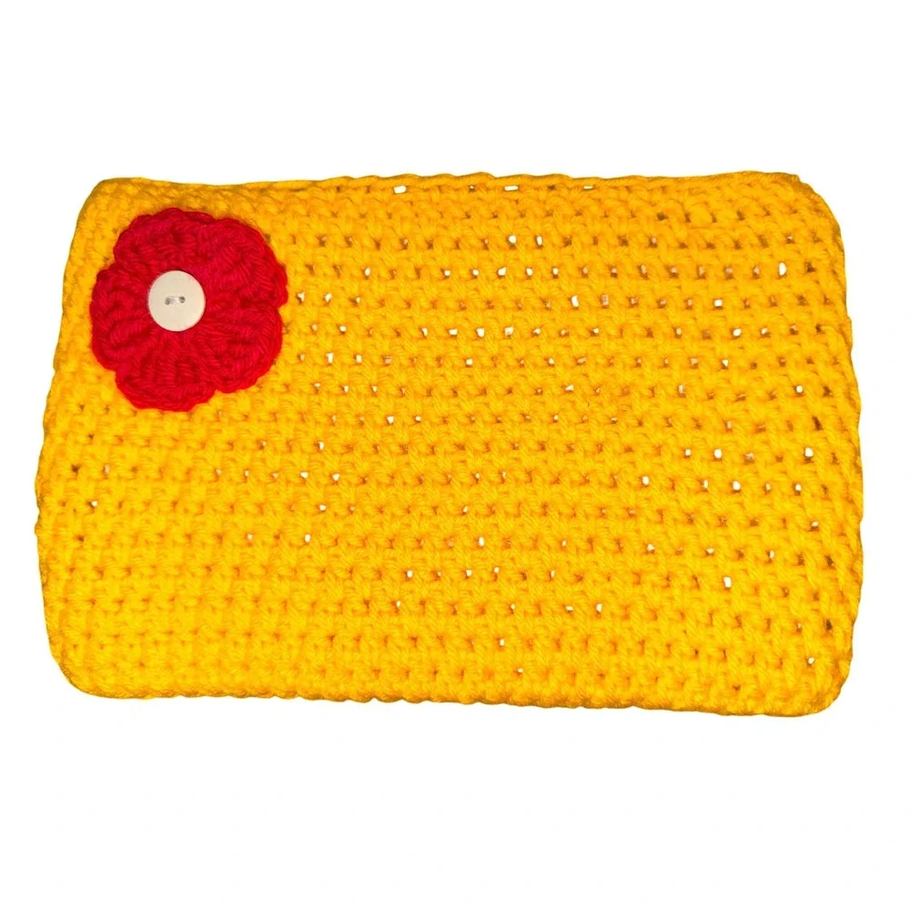 Handmade Crochet Zipper Bag Yellow Pink Flower Clutch Cosmetics Boho Cottagecore